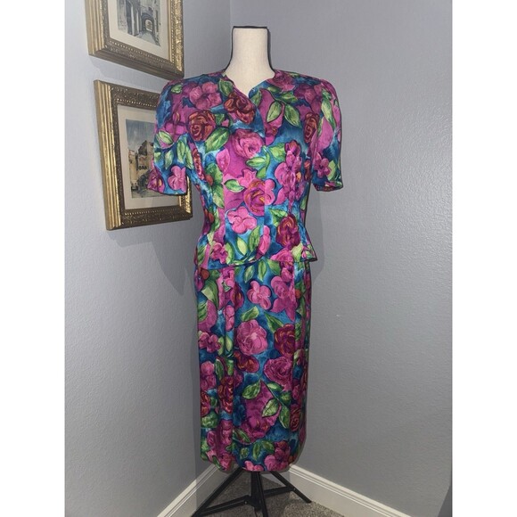 Vtg Adrianna Papell Silk Skirt Top 2 pc Set Sz 8 pink floral Maximalist Wow 90s - Picture 2 of 16